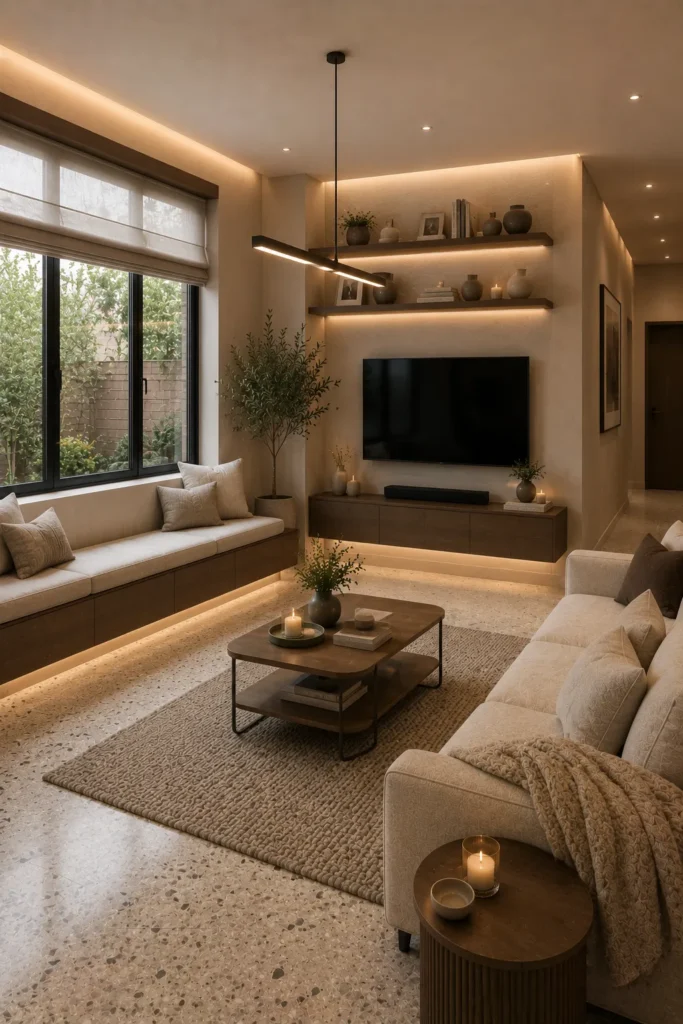 Terraced Living Room with Floating Bench Seating Idea