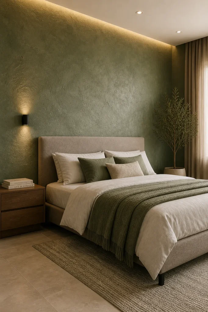 Textured Green Plaster Wall Bedroom Idea