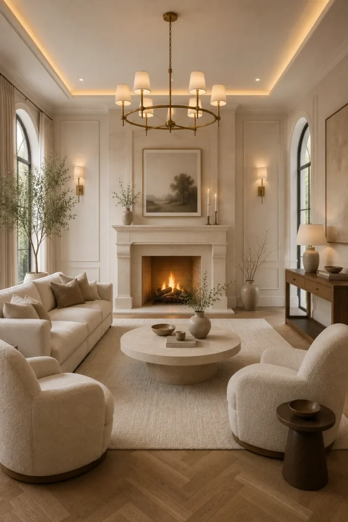 Timeless Quiet Luxury Living Room With Fireplace Idea
