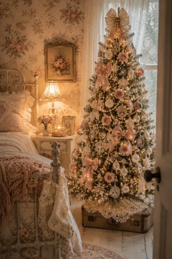 Vintage Floral Guest Room Christmas Tree Idea