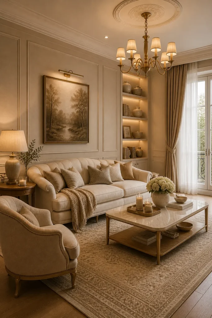 Warm Neutral Layered Rococo Living Room Idea
