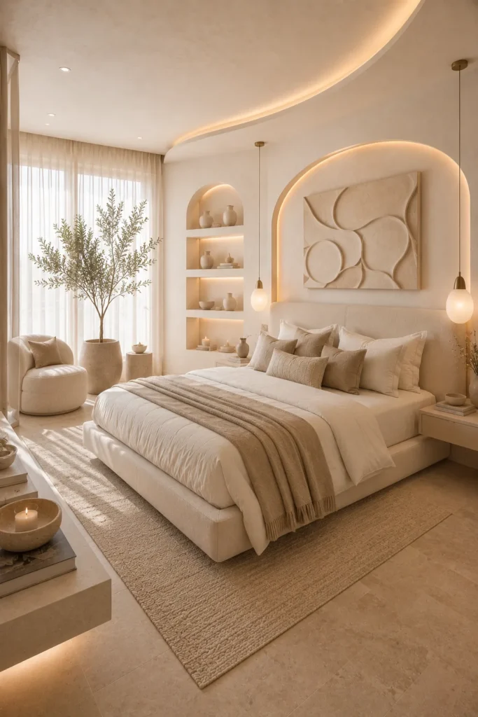 Warm White Bedroom with Sculptural Décor Idea