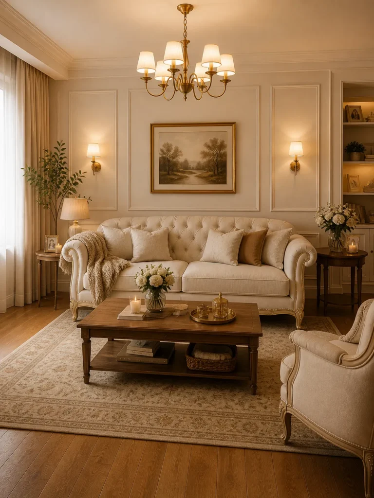 Warm Cream Cozy Rococo Living Room Idea