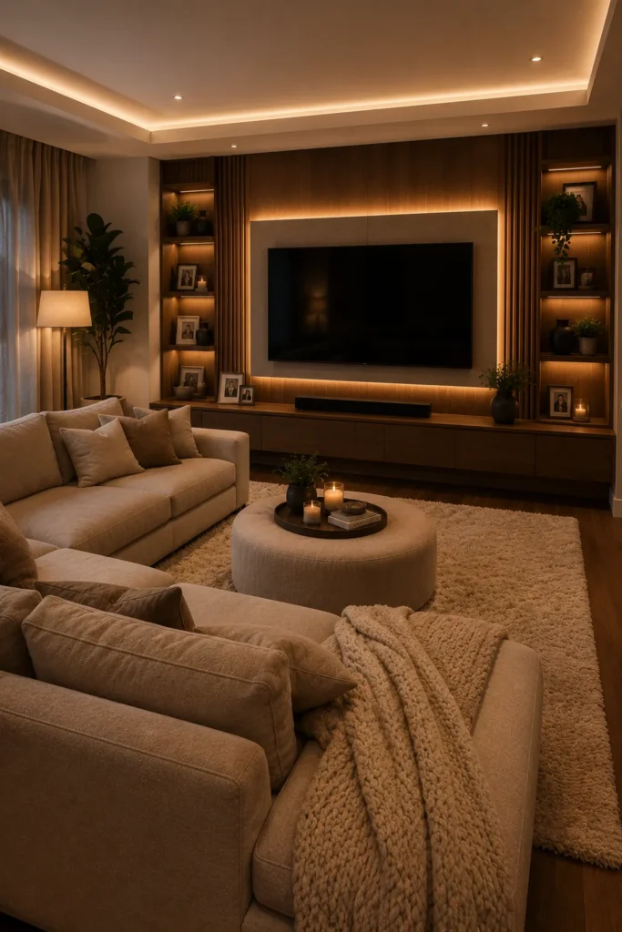 Warm Neutral TV Lounge Setup Idea