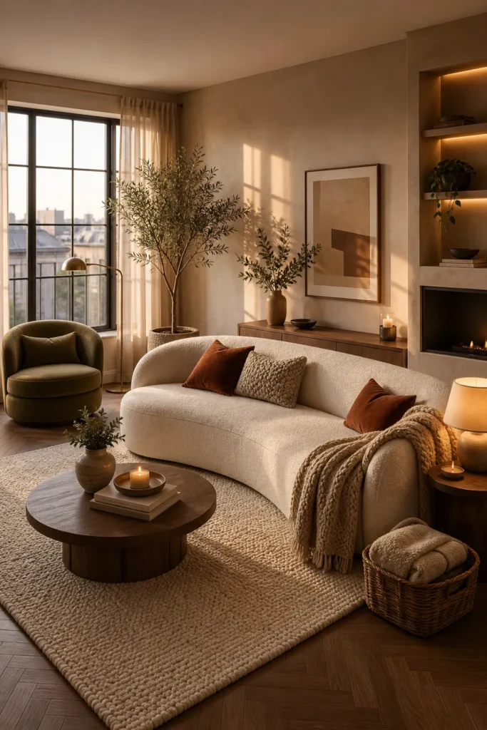 Warm Earth-Tone Living Room with Curved Sofa Idea