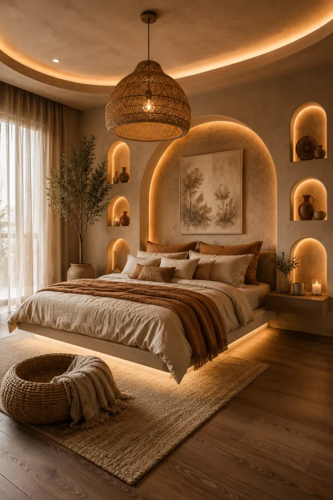 Warm Earth-Tone Bedroom with Curved Architecture Idea