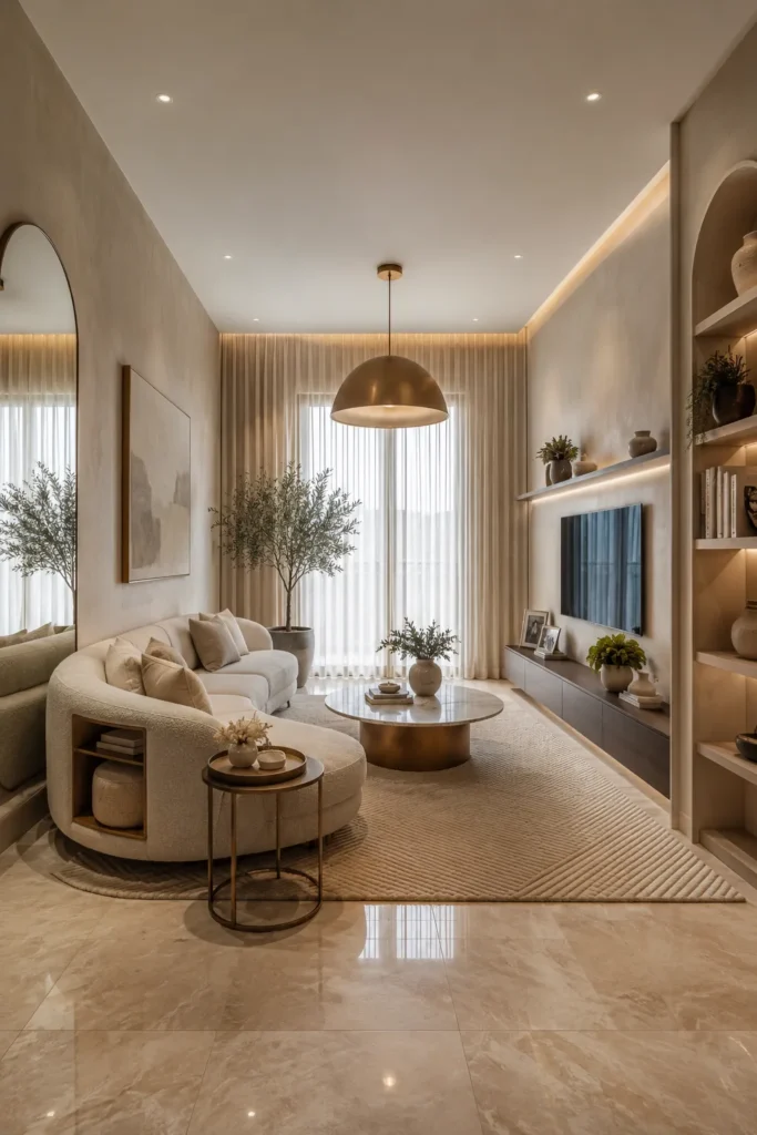 Warm Taupe Terraced Living Room with Curved Sofa Design Idea