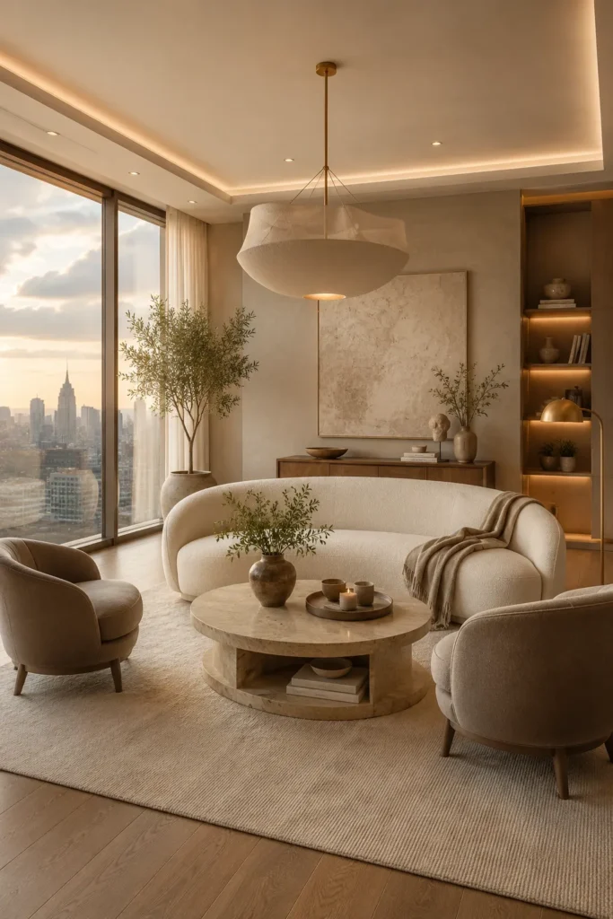 Warm Beige Living Room With Curved Sofa Idea