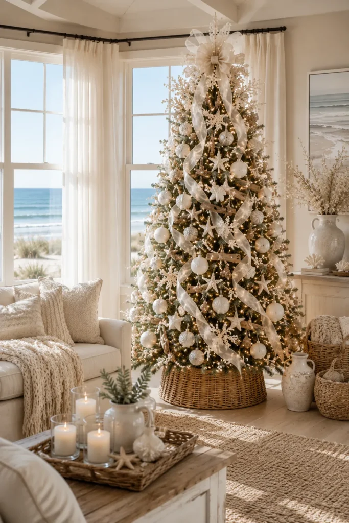 White & Beige Coastal Christmas Tree Idea