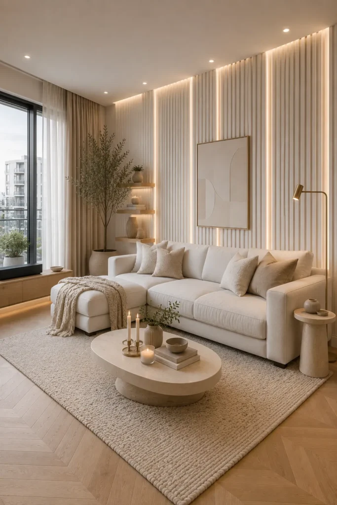 White Living Room With Vertical Wall Panels Idea