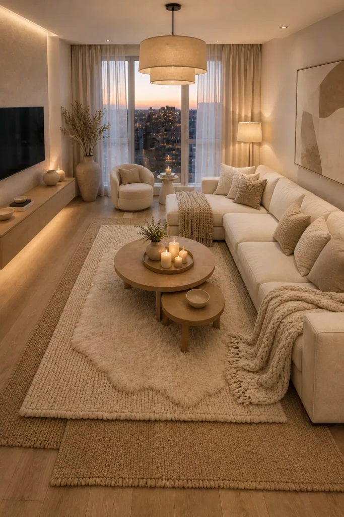 White Living Room With Layered Neutral Rugs Idea