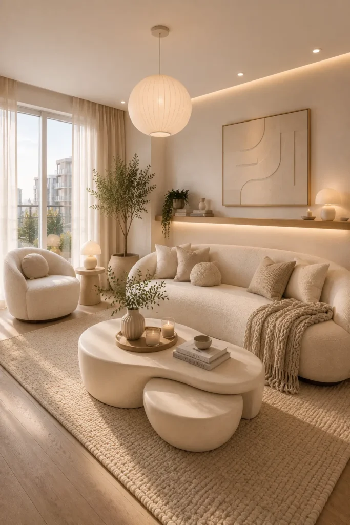 White Living Room With Curved Coffee Tables Idea