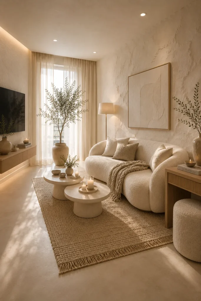 White Living Room With Textured Plaster Walls Idea