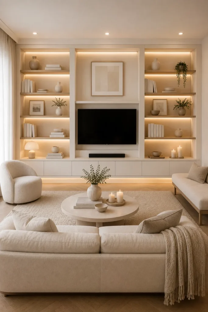 White Living Room With Elegant Built-In Shelving Idea