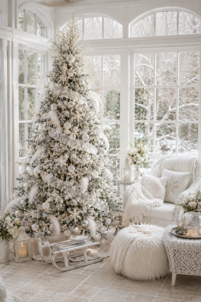 White Lace Sunroom Christmas Tree Idea