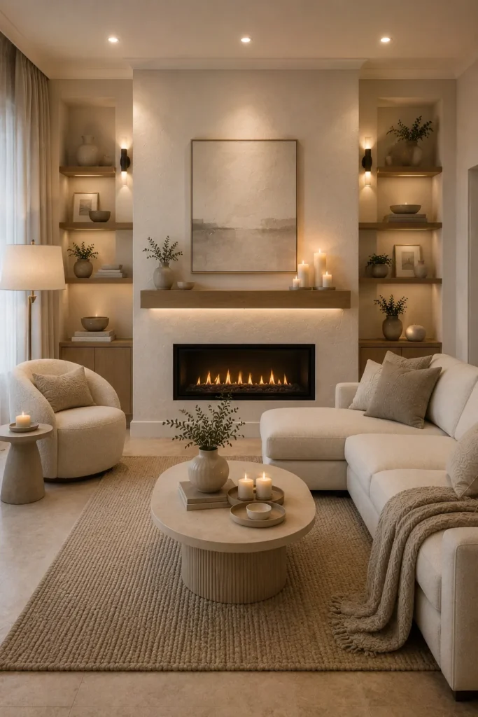 White Living Room With Modern Fireplace Wall Idea