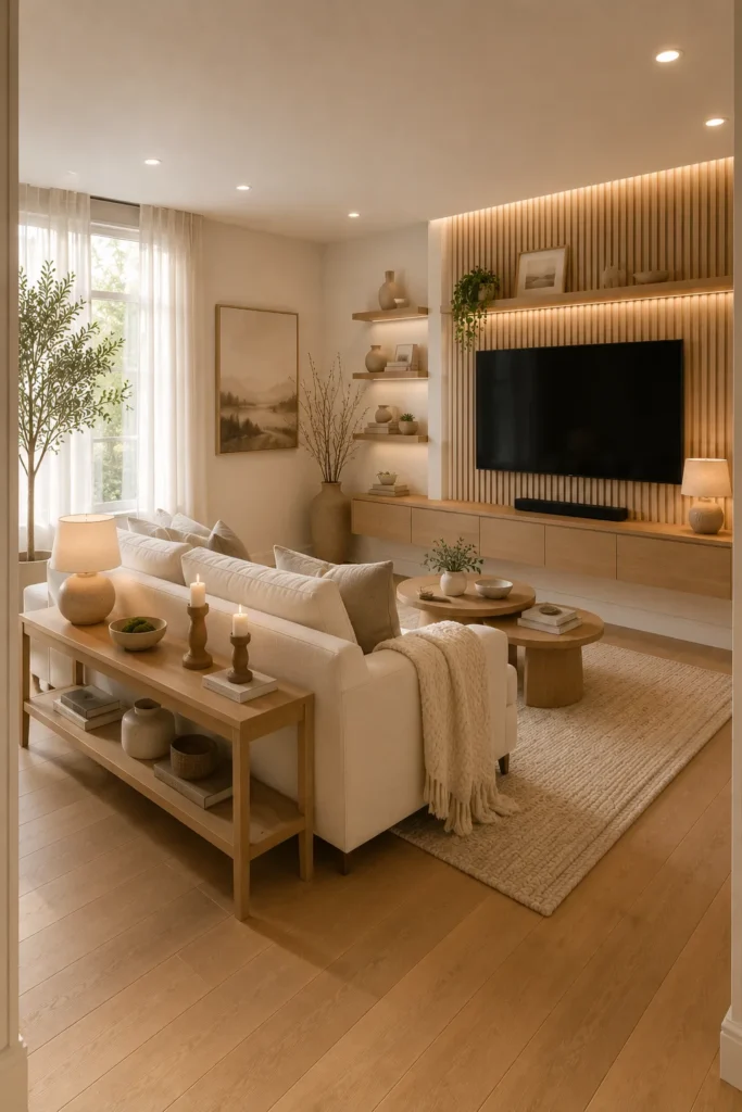 White Living Room With Earthy Wood Tones Idea