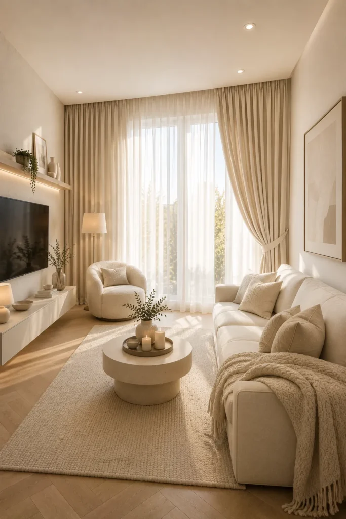 White Living Room With Elegant Curtain Styling Idea
