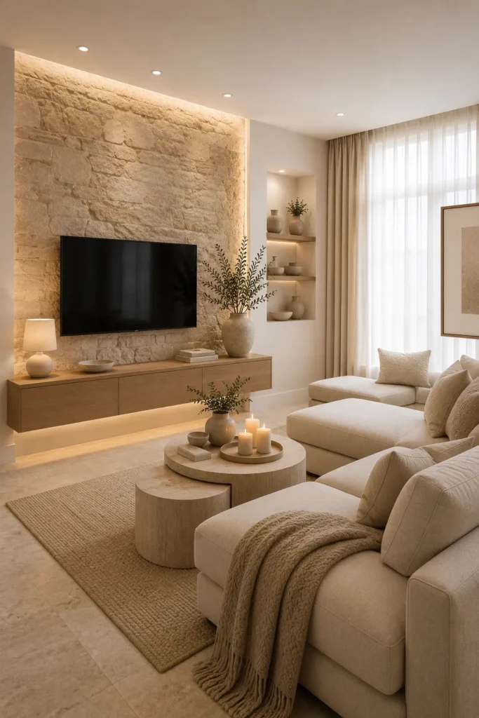 White Living Room With Warm Stone Elements Idea