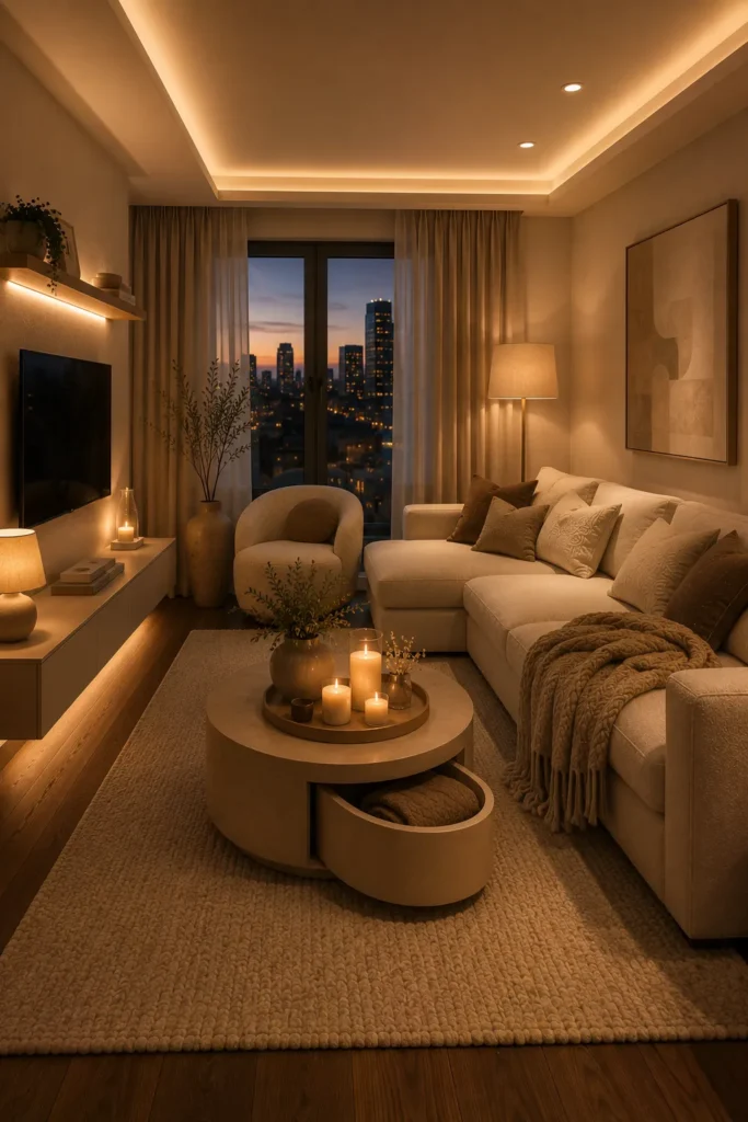 White Living Room With Cozy Evening Lighting Idea
